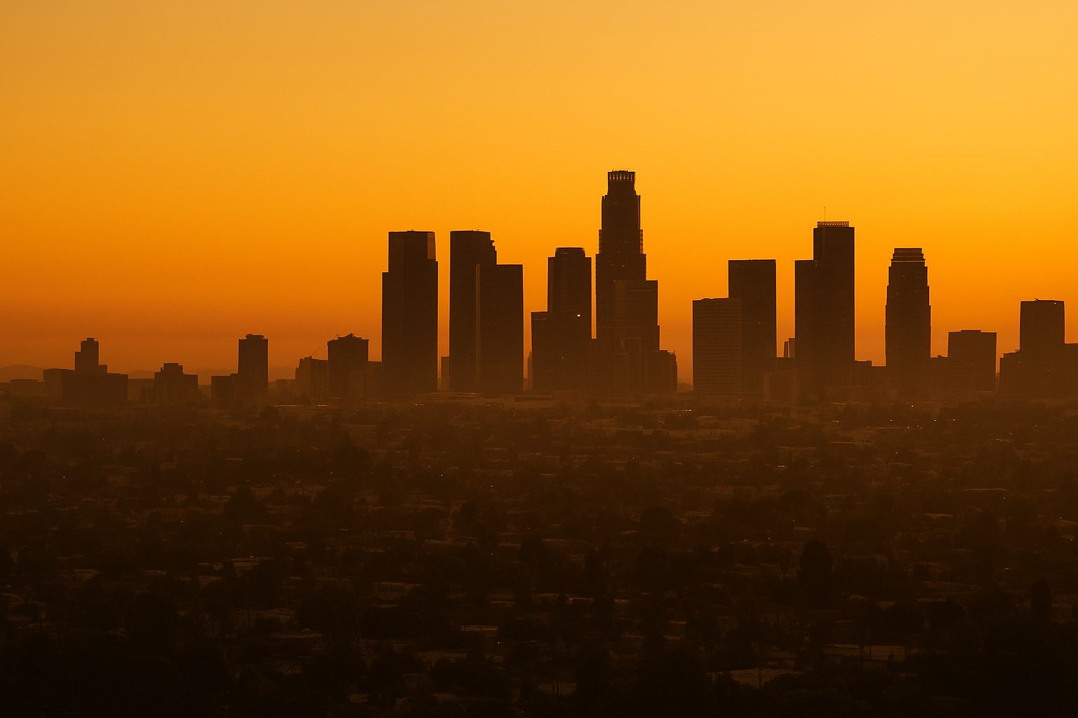 Los Angeles skyline at golden hour, with downtown towers under a warm amber sky