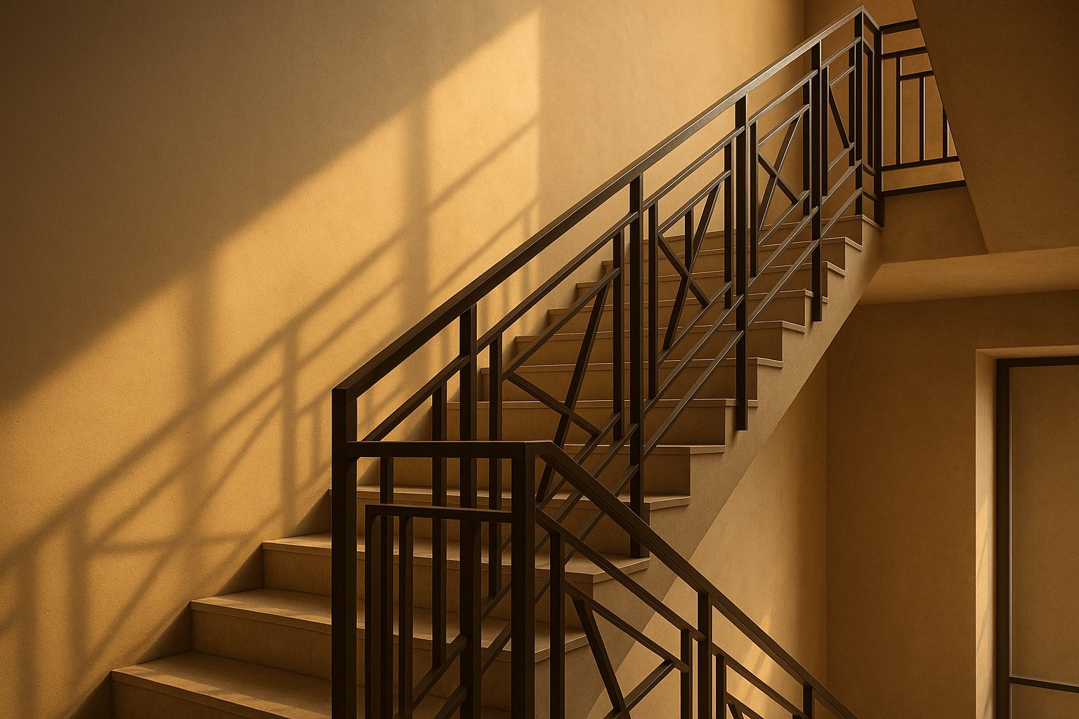 Architectural staircase with geometric metal railings rising through warm directional light