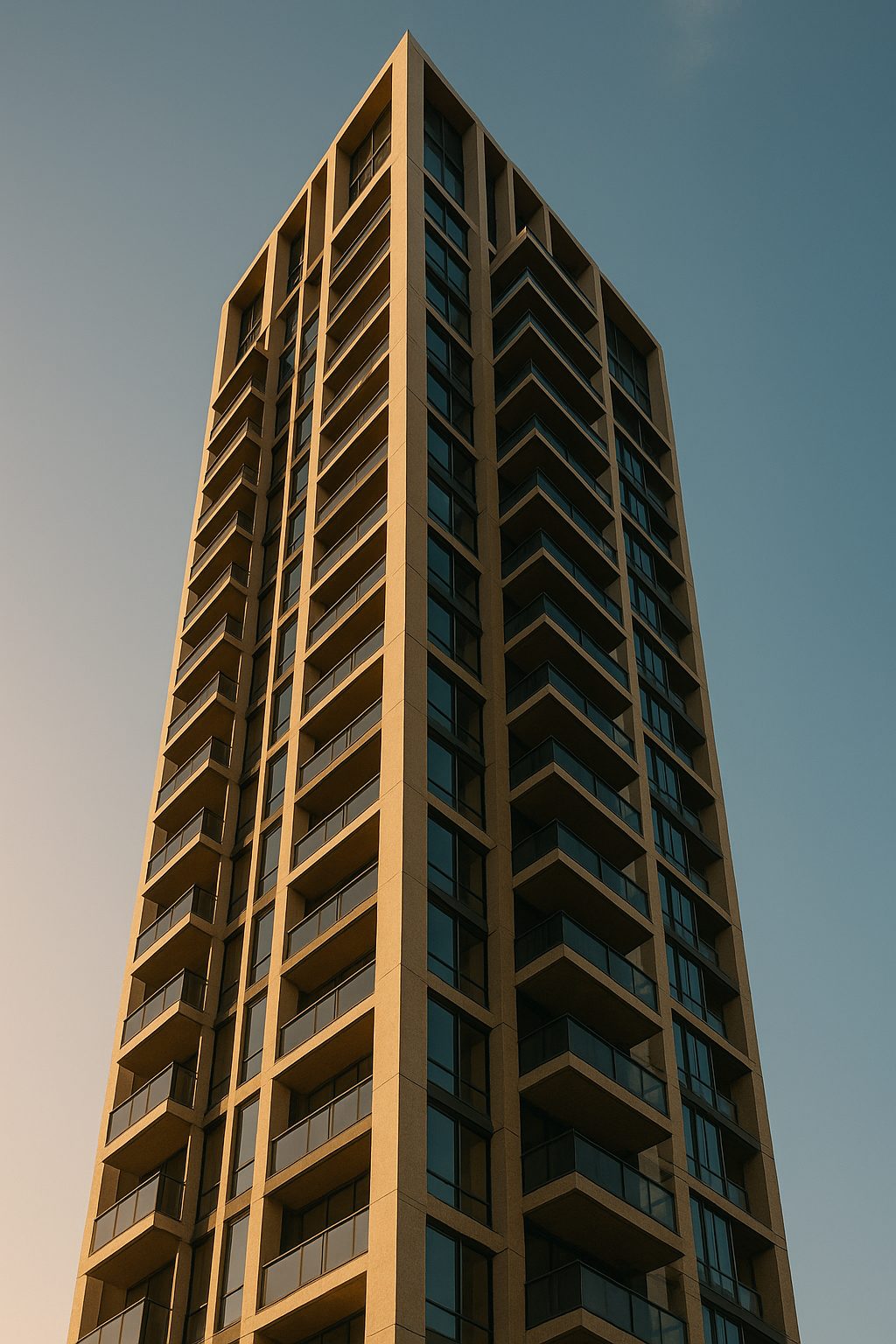Tall residential tower with stacked balconies, seen from street level against a clear blue sky
