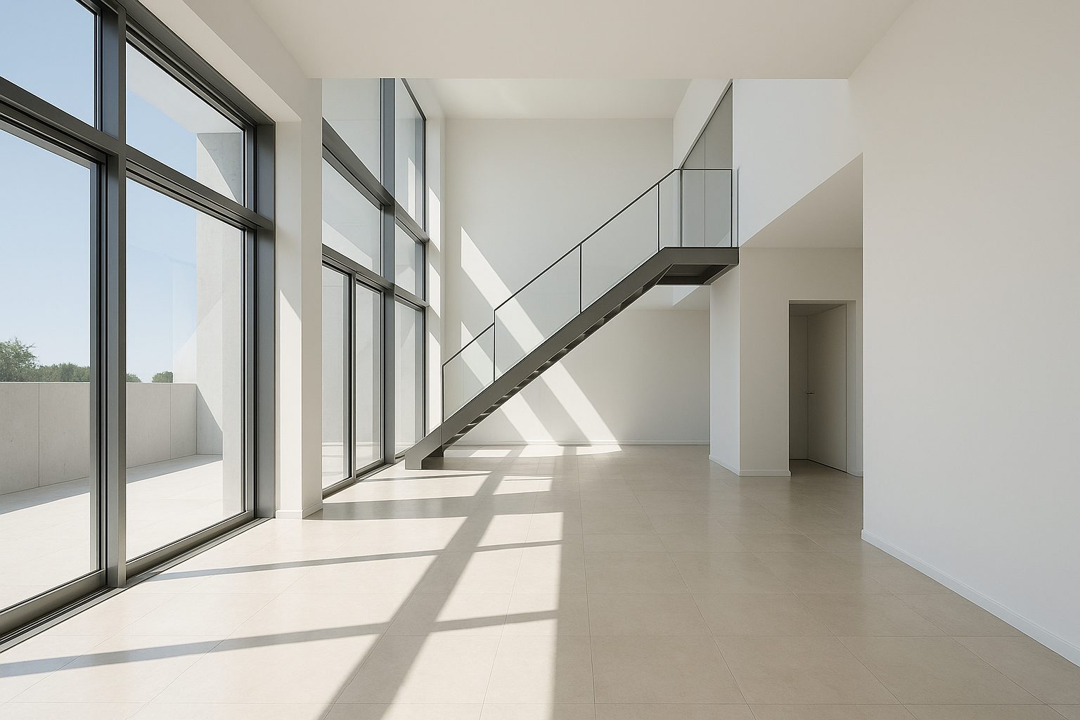 Minimalist interior with high ceilings, steel and glass details and bright natural light on polished floors