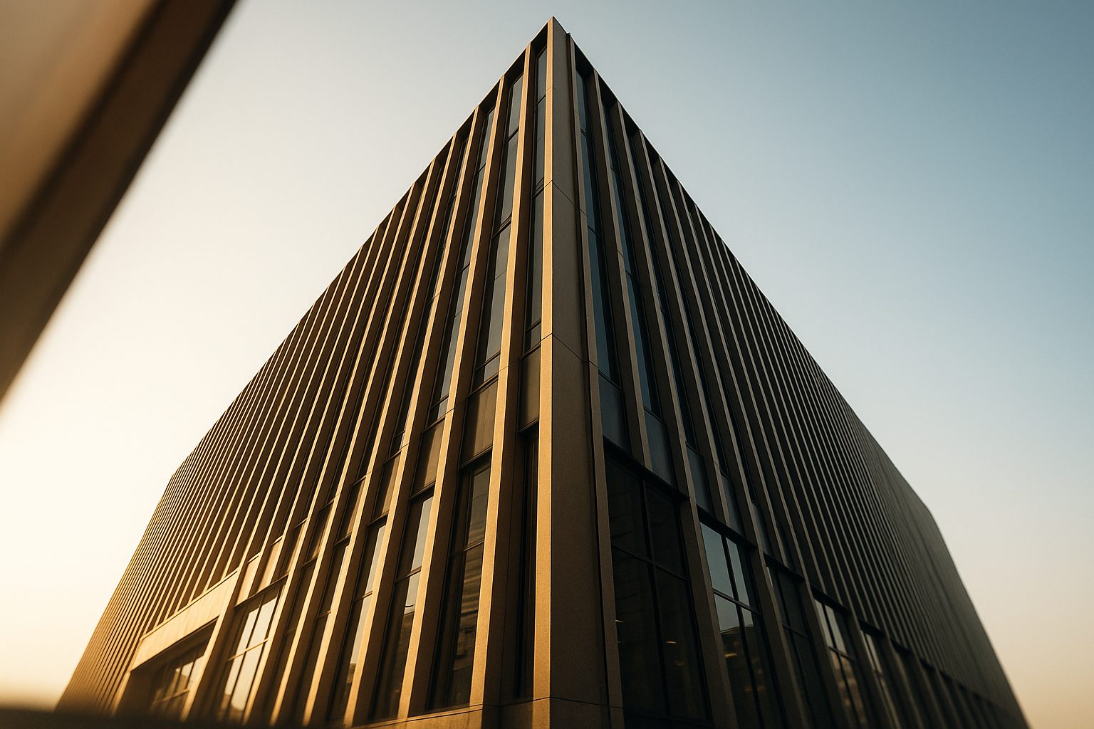 Looking up at the corner of a modern building with tall vertical fins, lit gold by the late-afternoon sun