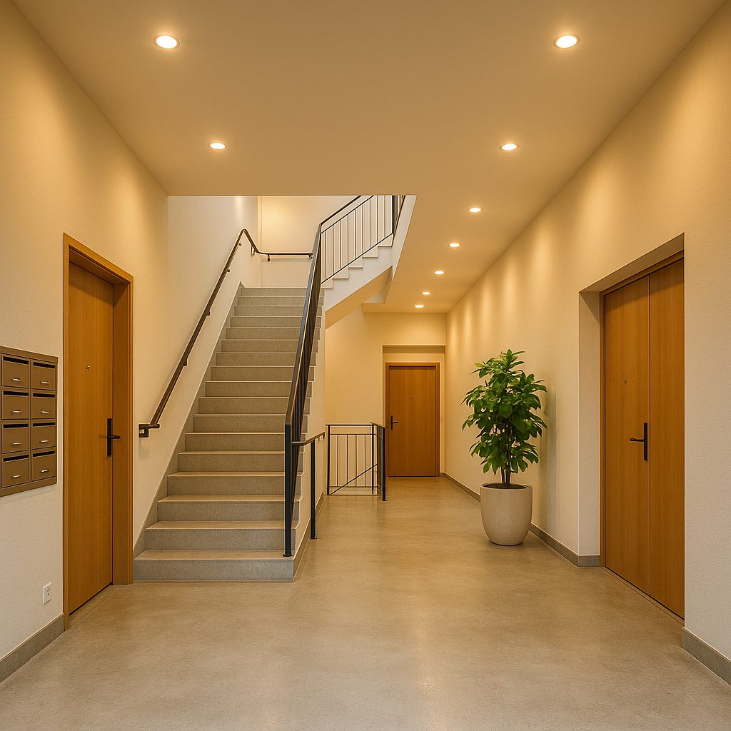 Bright apartment building lobby with polished concrete floors, slim steel railings and warm recessed lighting