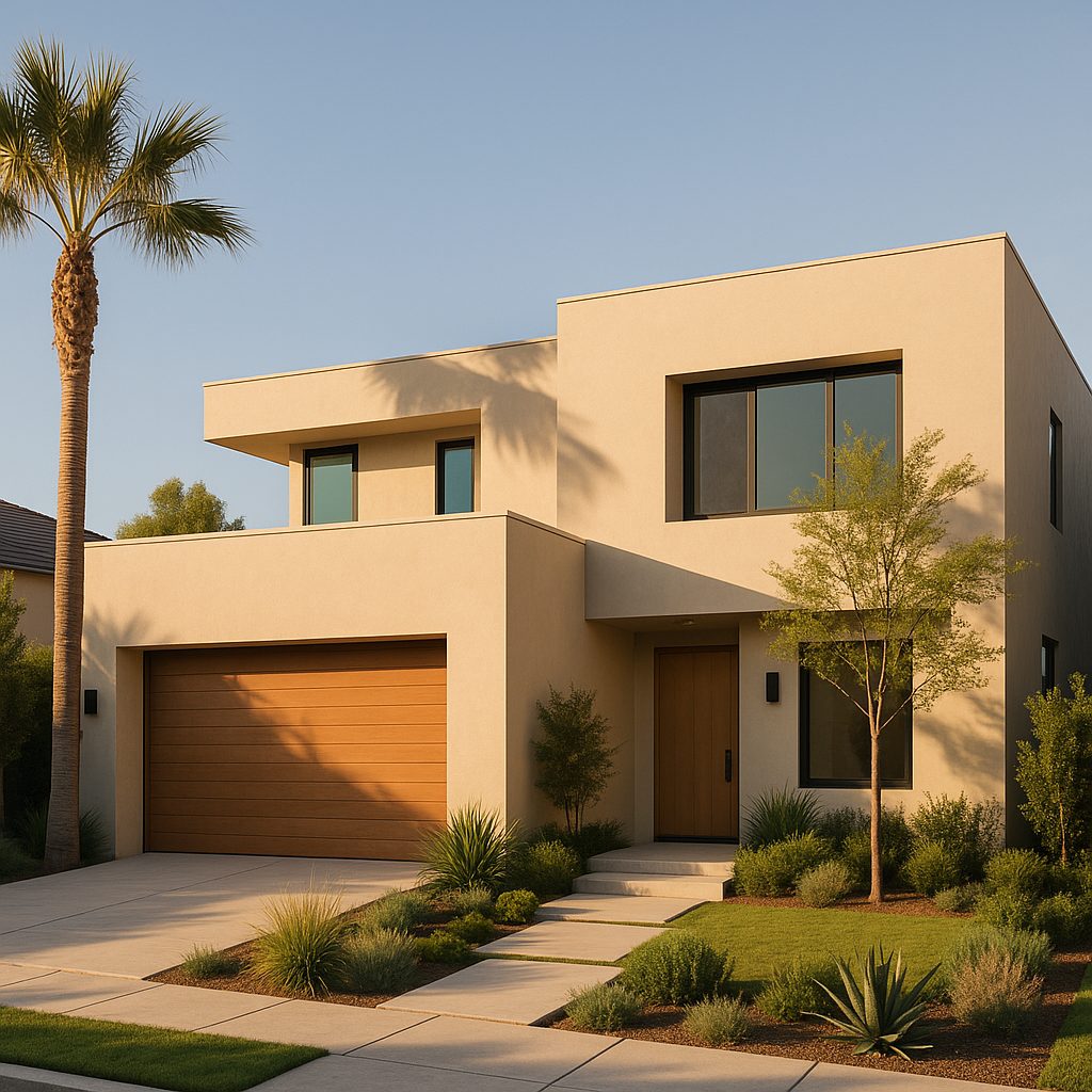 Modern Southern California single-family home with clean geometric lines and landscaped front yard in afternoon light