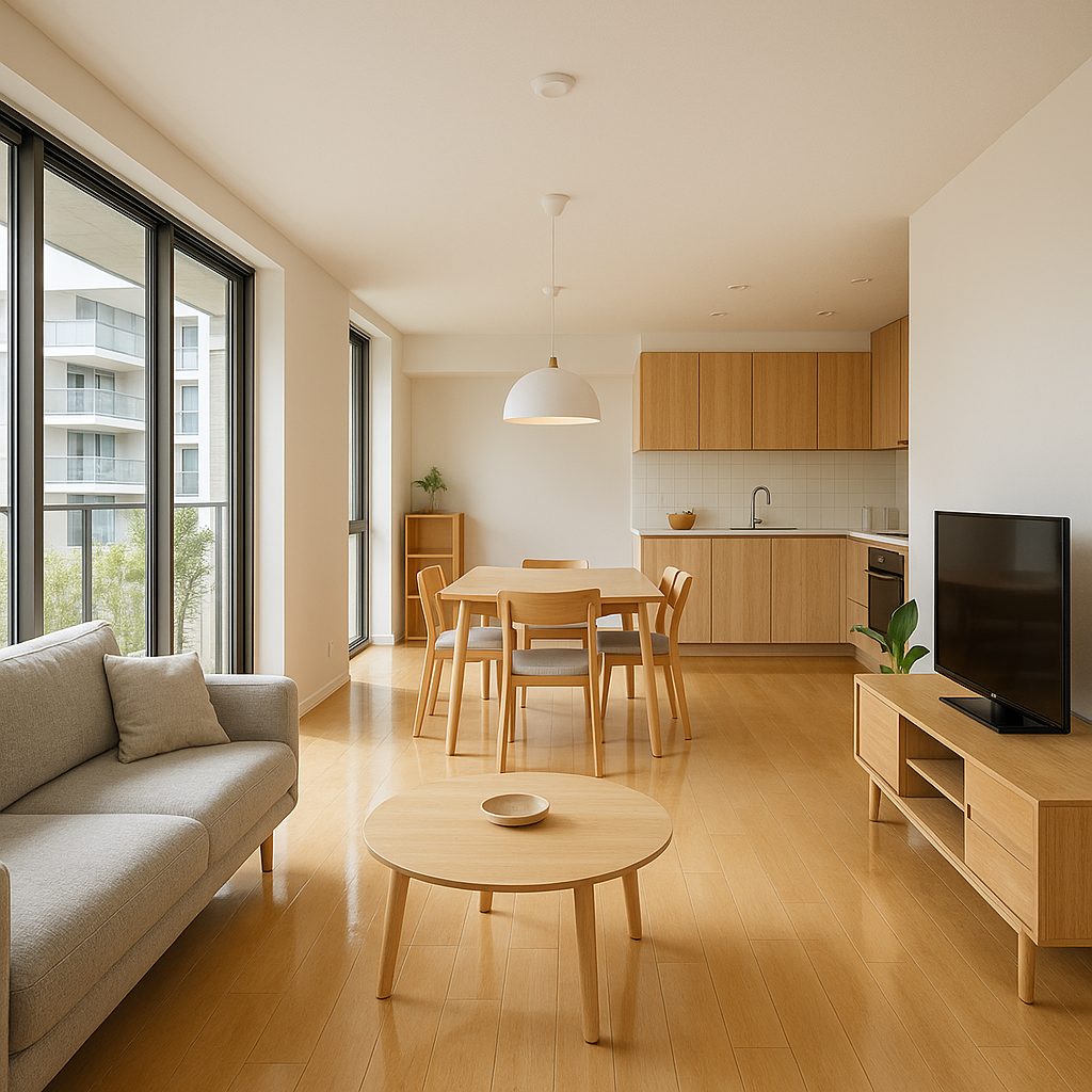 Sunlit modern apartment interior with large windows, light wood furniture and polished floors